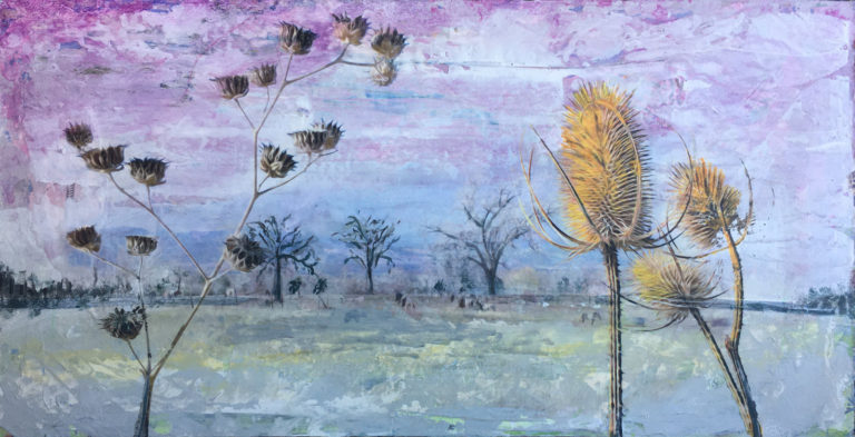Dried Flowers and Cottonwoods - Mixed media on board 22.5″ x 11.5″